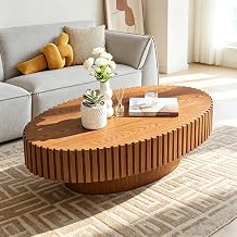 Oval Fluted Coffee Table Wood,Drum Center Table,Oval Yellow | Mid Century Modern Coffee Tables With Sturdy Pedestal For Living Room,Bedroom and Apartment