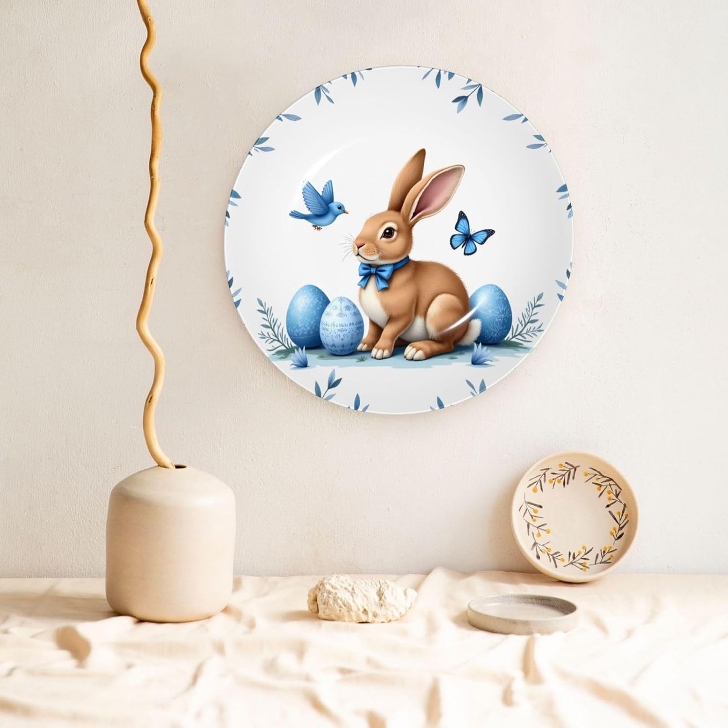 Blue Bunny Eggs Style Ceramic Plate Display Decorative Plate With Stand Wall Hanging Plate For Home Decor 10 Inch