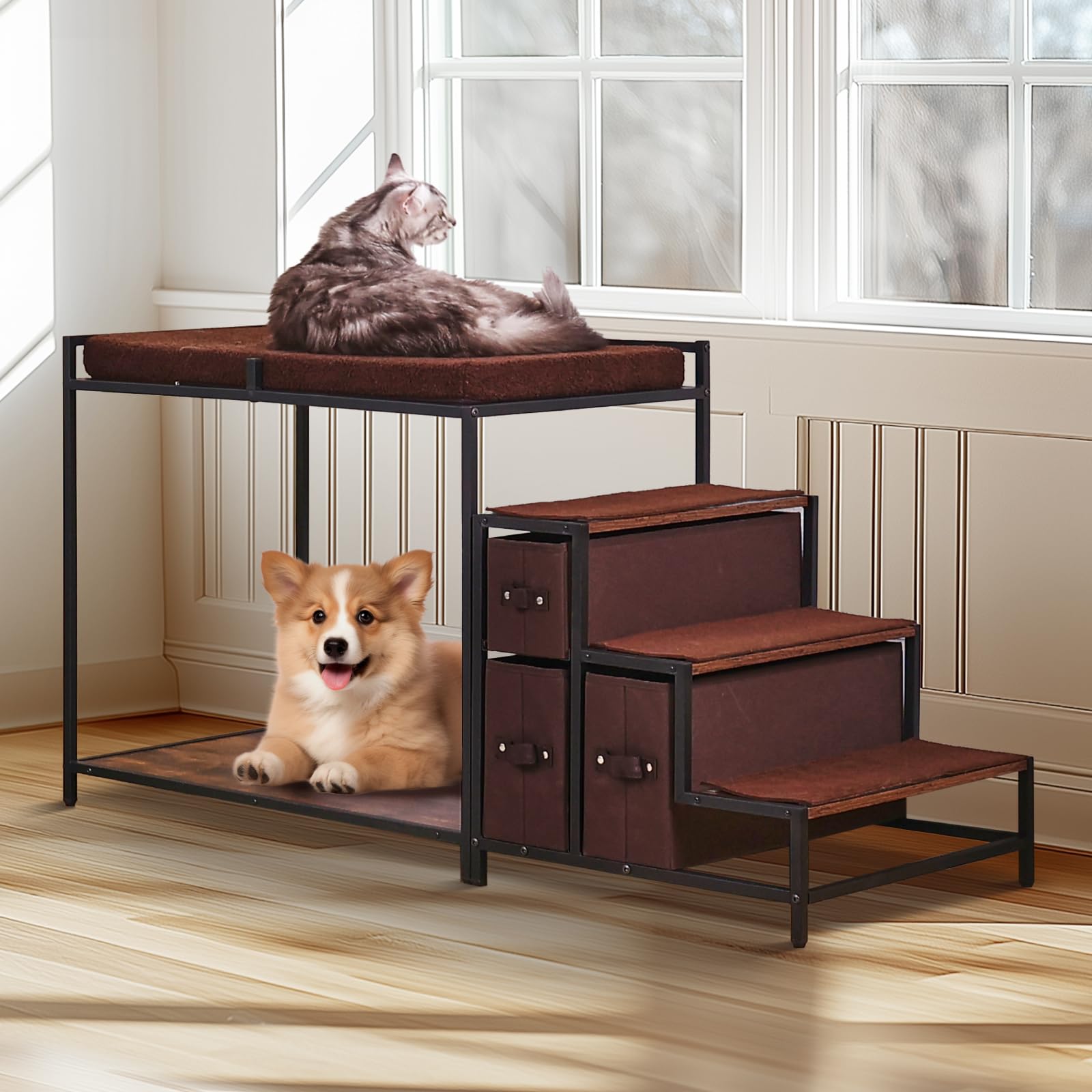 VEVOR Litera para Mascotas con Escaleras de 1245 x 500 x 660 mm, Percha para Ventana para Perros o Gatos con Espacio de Almacenamiento para Uso en Interiores, Hogar, Cerca de Cama y Ventana, Marrón
