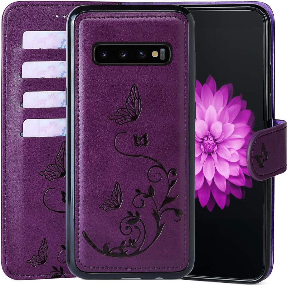 WaterFox Samsung Galaxy S10+ Plus Wallet Case with 4 Card Holder for Women, Detachable Cover Flip Folio Leather Wrist Strap Removable Magnetic with Floral Flower Design for Girls - Purple