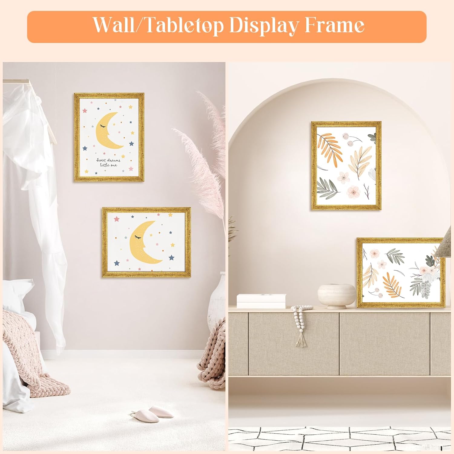 Wood 11x13 Frame Gold, Ornate Natural Wooden 13x11in Picture Frames, Modern Golden 11 x 13inch Gallery Photo Pic Frame with HD Plexiglass, Horizontal Vertical Wall Mounting Tabletop Display 1Pcs