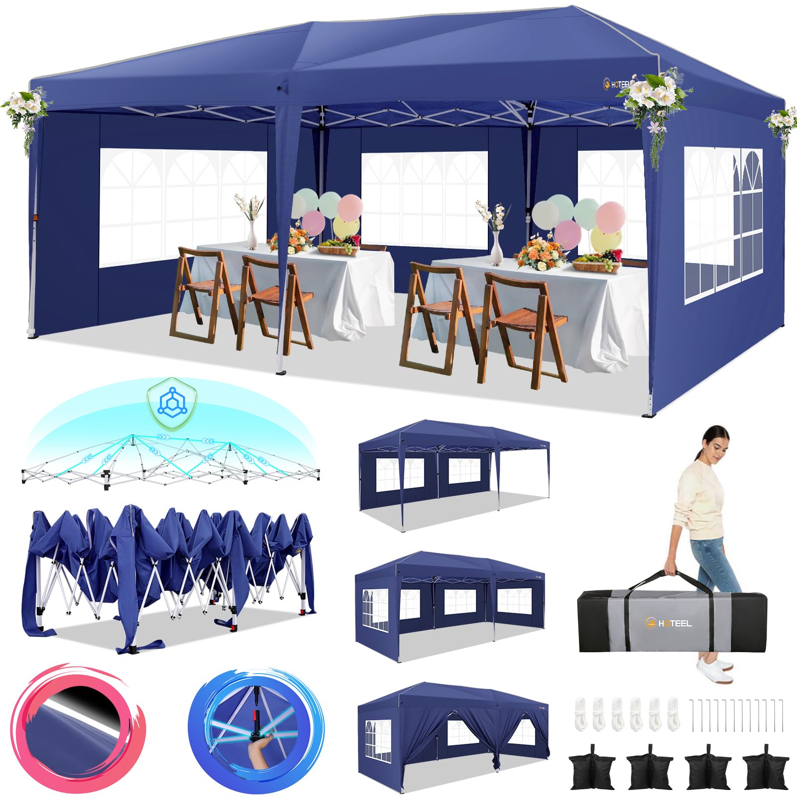 HOTEEL 10x20 Pop Up Canopy Tents for Parties, Outdoor Tent with 6 Sidewalls & 8 Wind-Resistant Rods & Carry Bag, Easy Setup for Wedding, Patio Events, Commercial, Waterproof and UV50+, Navy Blue