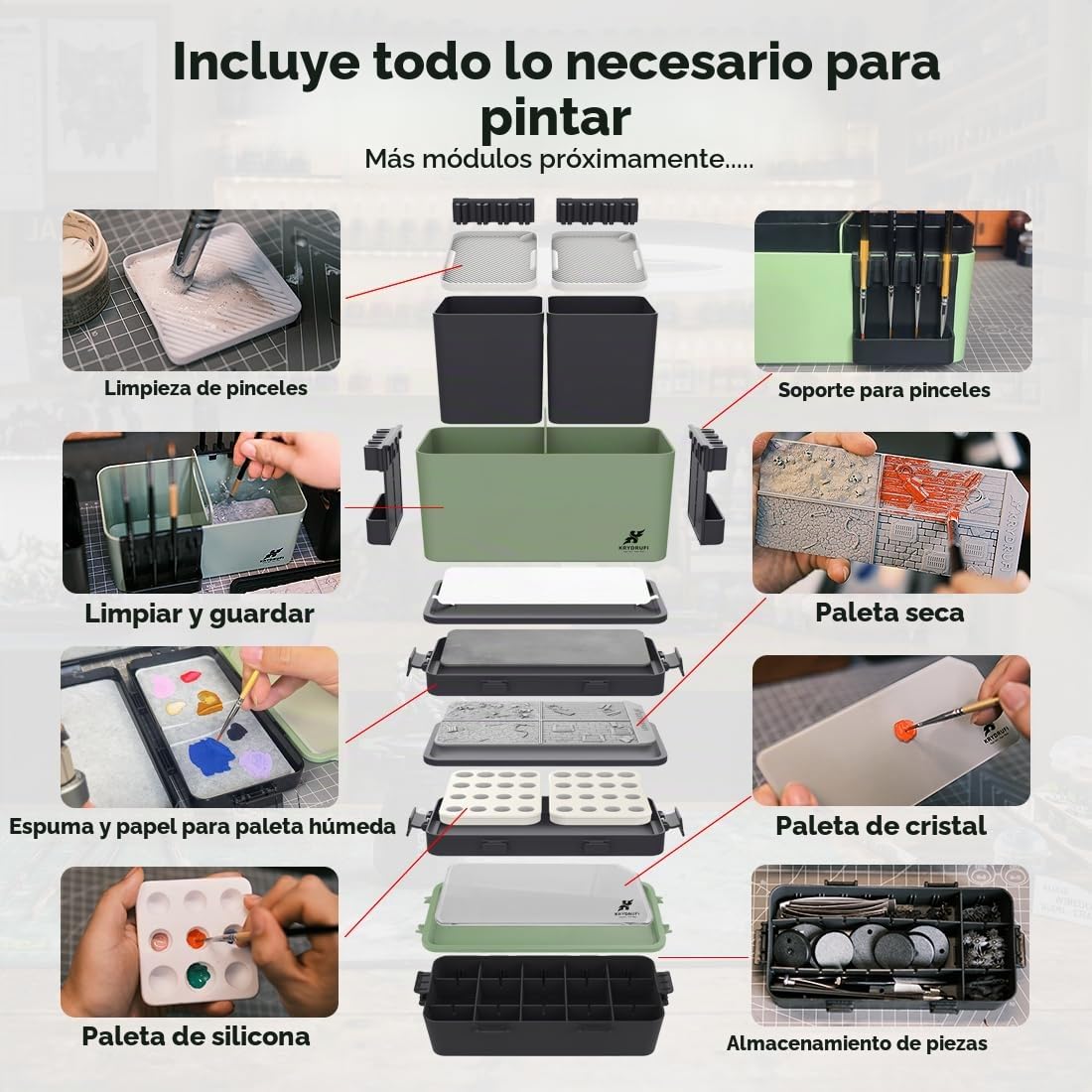 Estación de pintura modular portátil todo en uno con limpiador de pinceles y soportes, bandeja de paleta de pintura húmeda con tapa para pintura en miniatura y pinturas acrílicas (Ultra Set)