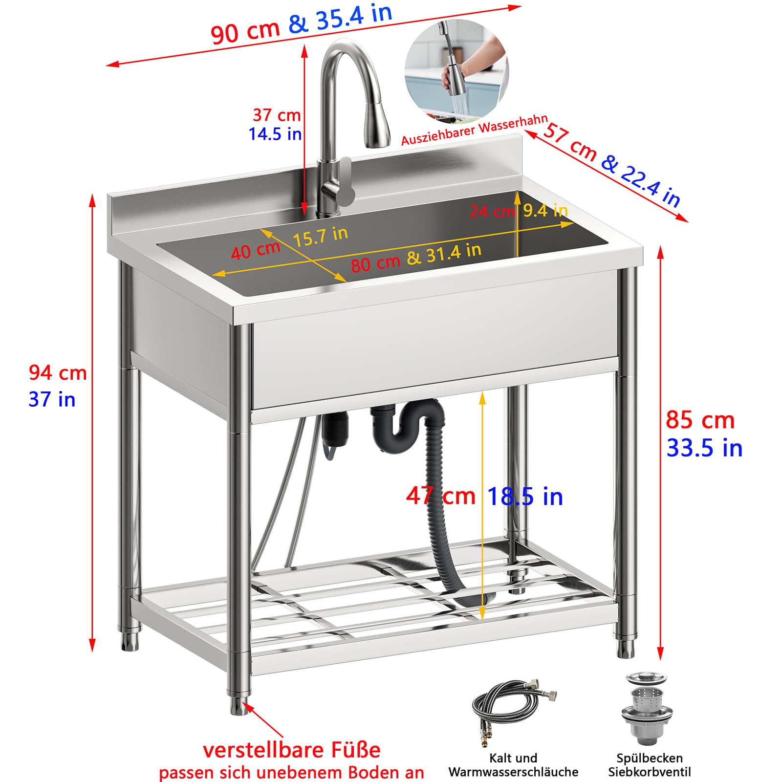 Große Freistehende Edelstahl Spültisch Gastro 1 Becken, 90 cm Gewerbliche Küchenspüle, Industrielle Spüle mit Wasserhahn für Küche, Restaurant, Cafe, Geschäft, Außen, 57T x 90B x 94H cm
