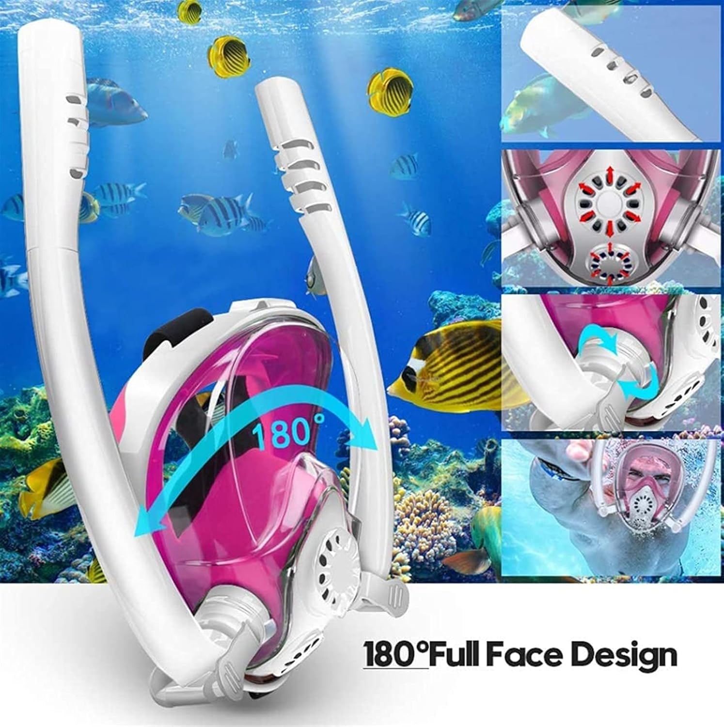GeRRiT Full Face Snorkel Mask, Double Snorkel Breathing System Easy Breathe, 180°Panoramic View Dry Top Snorkel Set Anti-Fog Anti-Leak