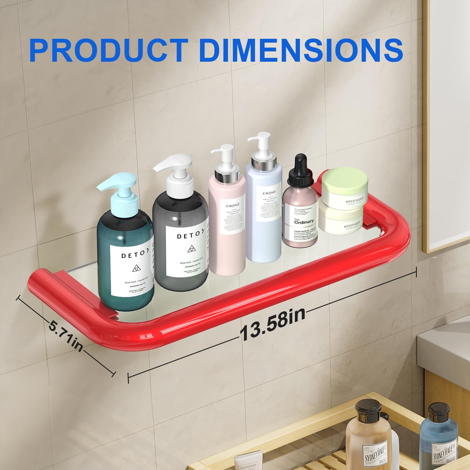 14 Inch Bathroom Shelves Wall Mount Stainless Steel Floating Shelves with Glass Shelf for Bathroom Wall Organizer,Red