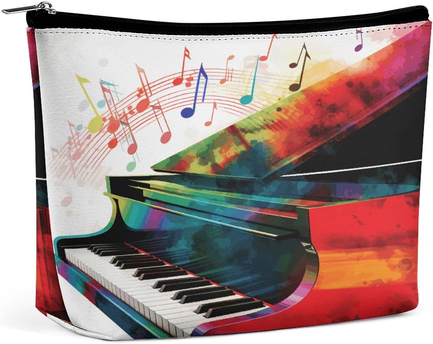 Cosmetic Bag for Women Colorful Piano Keyboard Music Print Makeup Bag PU Leather Makeup Pouch Aesthetic Travel Toiletry Bags Portable Compact Makeup Zipper Pouch for Daily Essentials