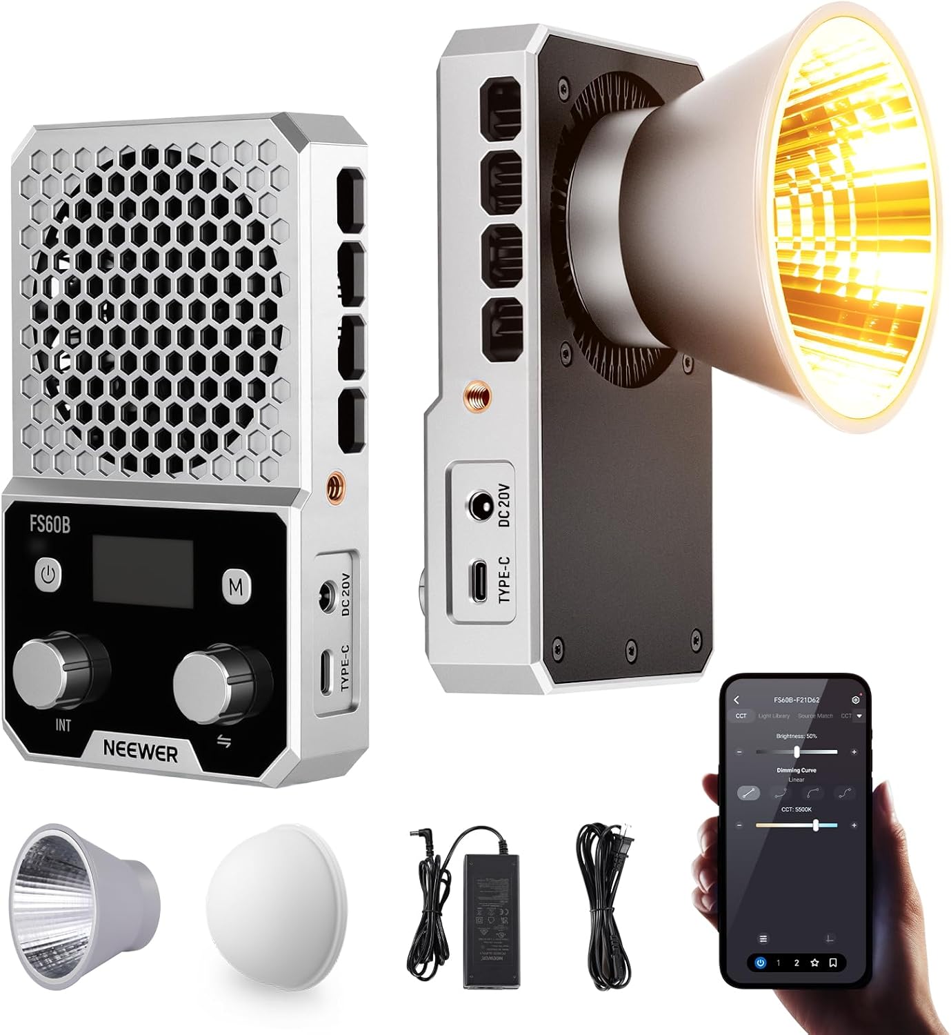 NEEWER 60W Compact Pocket Bi Color LED Light with APP & Panel Control, COB Continuous Output Lighting with 2700K-6500K/CRI96+, Portable for Professional Studio Photography Video Recording, FS60B