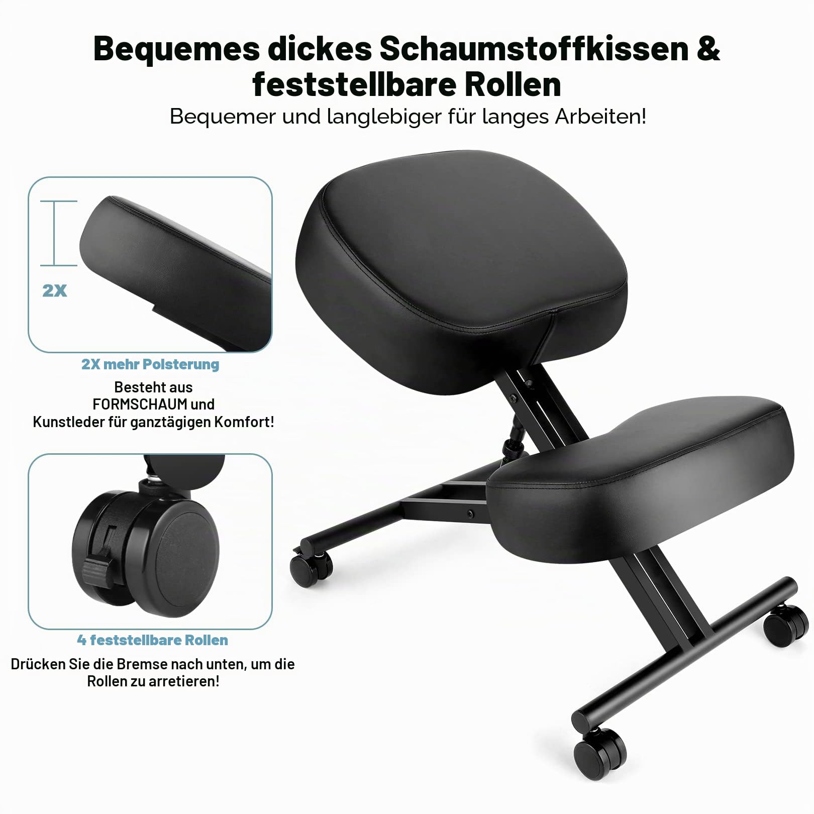 Kniestuhl Ergonomischer, Verstellbarer Kniehocker Stuhl für Büro, Metallgestell + Leder Bürostuhl Sitzhocker mit Knieablage, Rollen, 3" Kissen, Hocker zu Verbessert Haltung & Rückenschmerzen