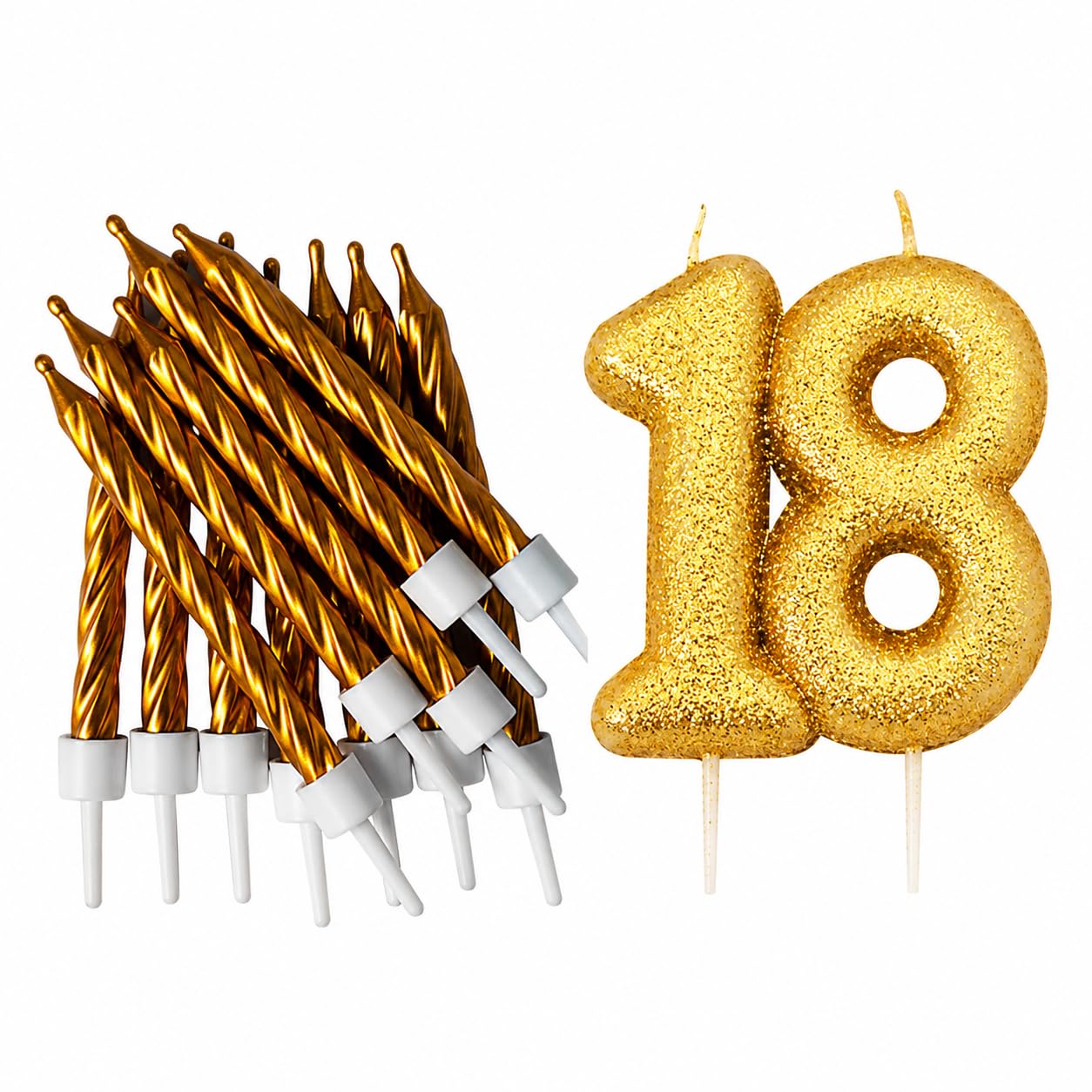 18th Birthday Gold Candle Kit, Glitter Number 18 Candle with 12 Metallic Spiral Cake Candles and Holders, Birthday Cake Decorations, Pack of 13