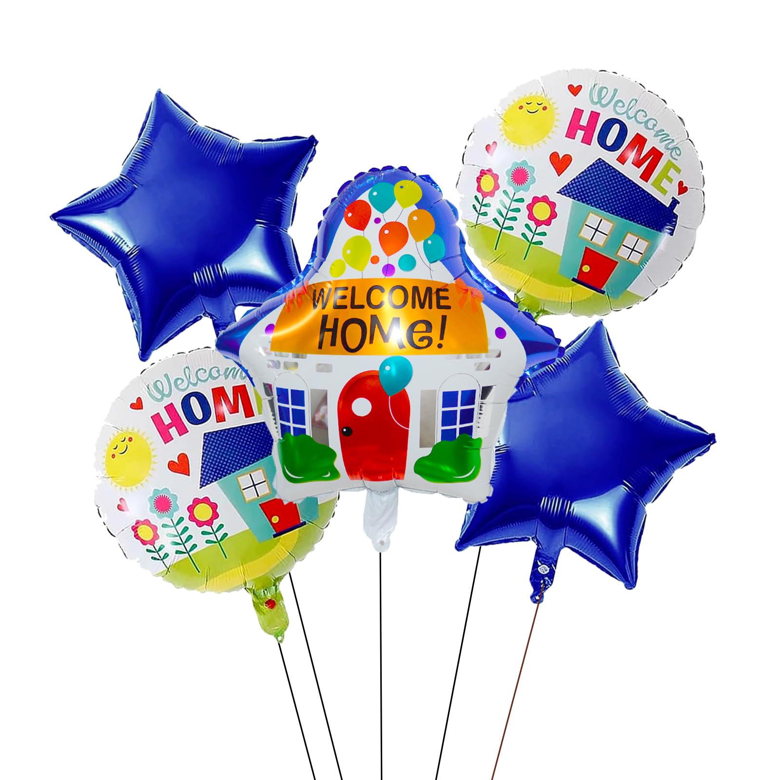 5PCS Welcome Home Balloons Blue Star Balloons House Shaped Balloon Foil Mylar Balloon for Home Party Supplies
