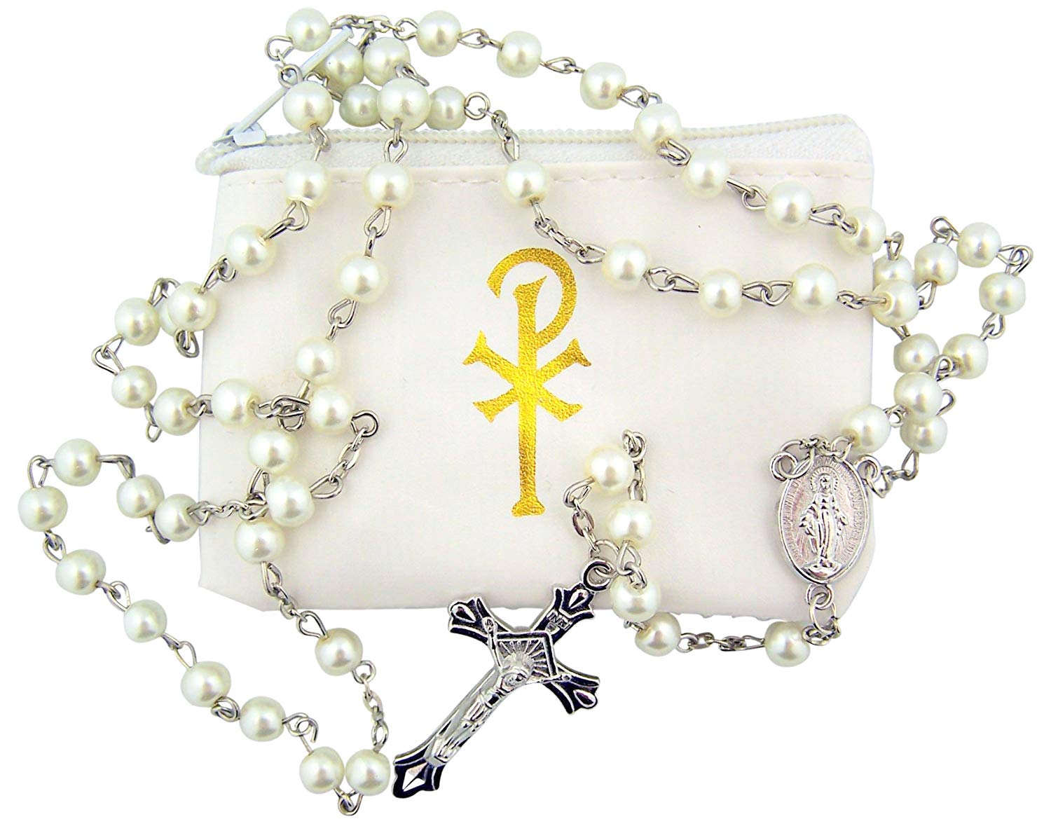 CB Catholic Girls 6MM White Simulated Imitation Pearl Bead First Communion Rosary with Chi Rho Case, 20 Inch