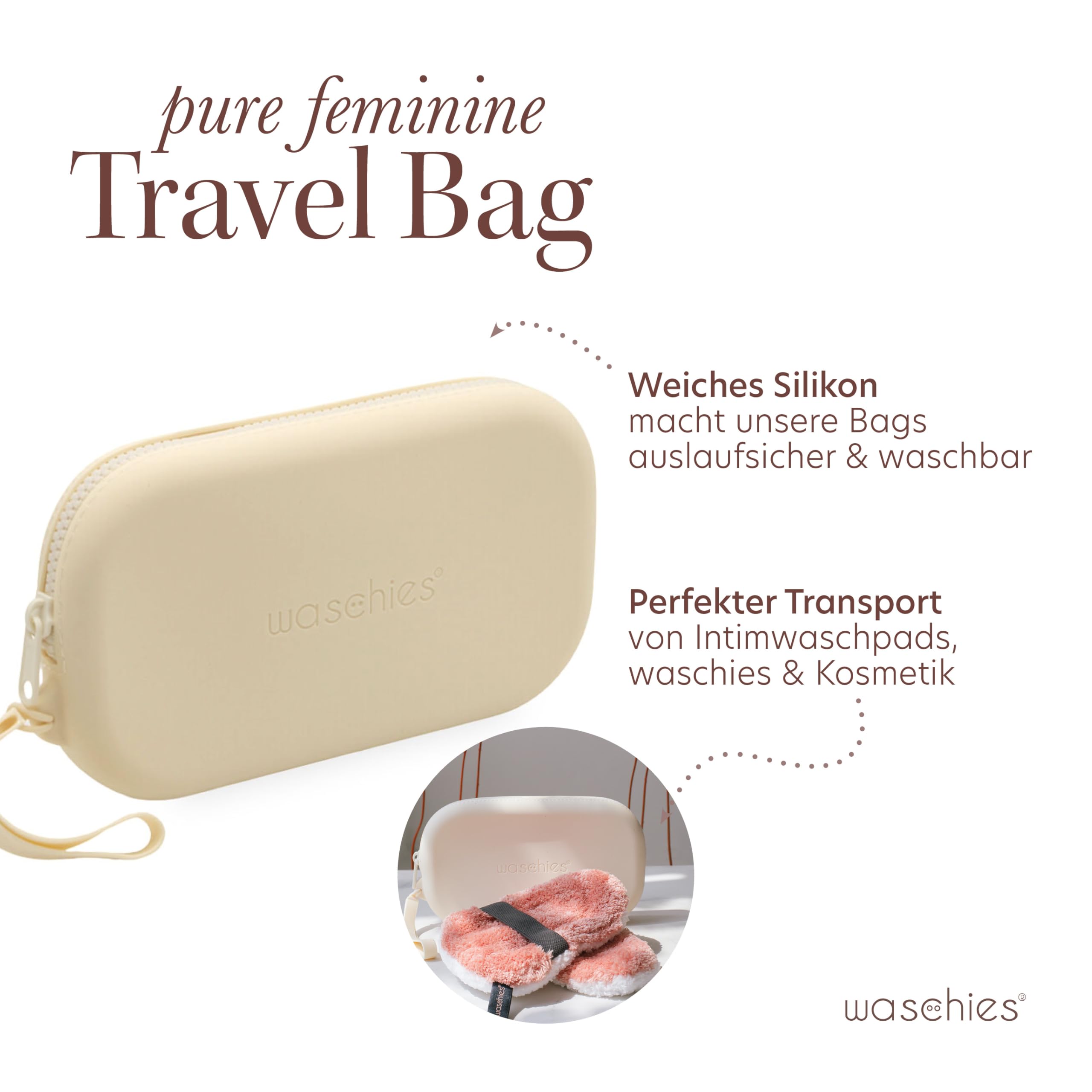 Waschies pureFeminine Medium Travel Bag in Cream, BPA Free Silicone Toiletries Pouch, Machine Washable - Image 2