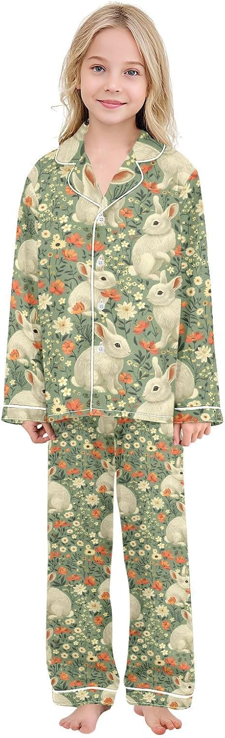 senya Flower Rabbit Red C Satin Pajama Sets Long Sleeves Nightwear Button Down Sleepwear
