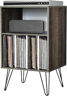 Tangkula Record Player Stand, Turntable Stand with Metal Legs, Vinyl Record Storage Cabinet w/ 5 Open Shelves Holds up to 150 Albums for Living Room Bedroom, Vintage End Table, 21 x 18 x34 in (Grey)