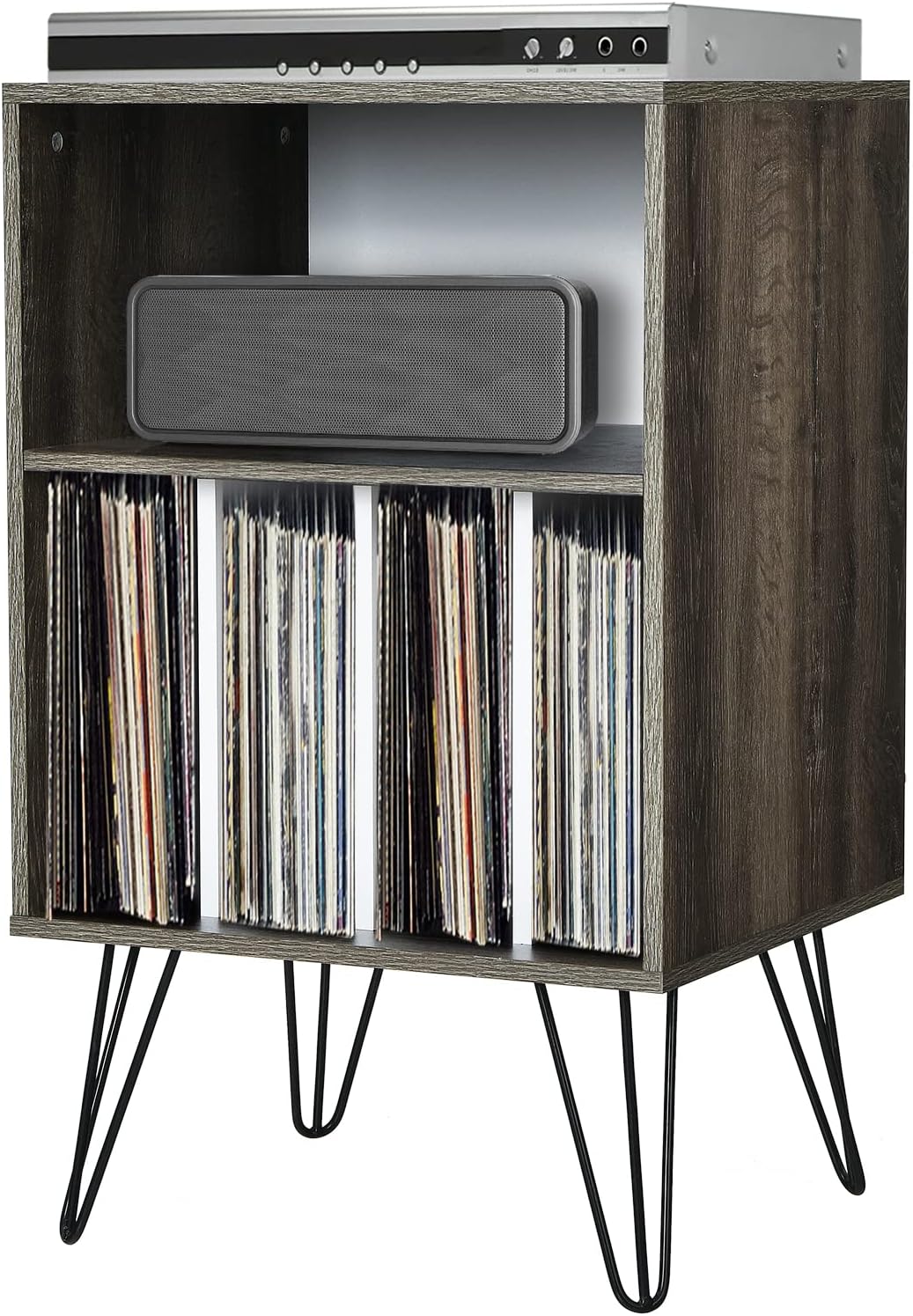 Tangkula Record Player Stand, Turntable Stand with Metal Legs, Vinyl Record Storage Cabinet w/ 5 Open Shelves Holds up to 150 Albums for Living Room Bedroom, Vintage End Table, 21 x 18 x34 in (Grey)