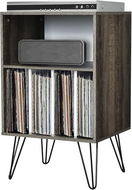 COSTWAY Record Player Stand, Turntable Stand Sofa Side Table with 5 Open Shelves Holds up to 150 Albums, Vinyl Record Storage Cabinet Vintage End Table for Living Room, Bedroom and Office (Grey)