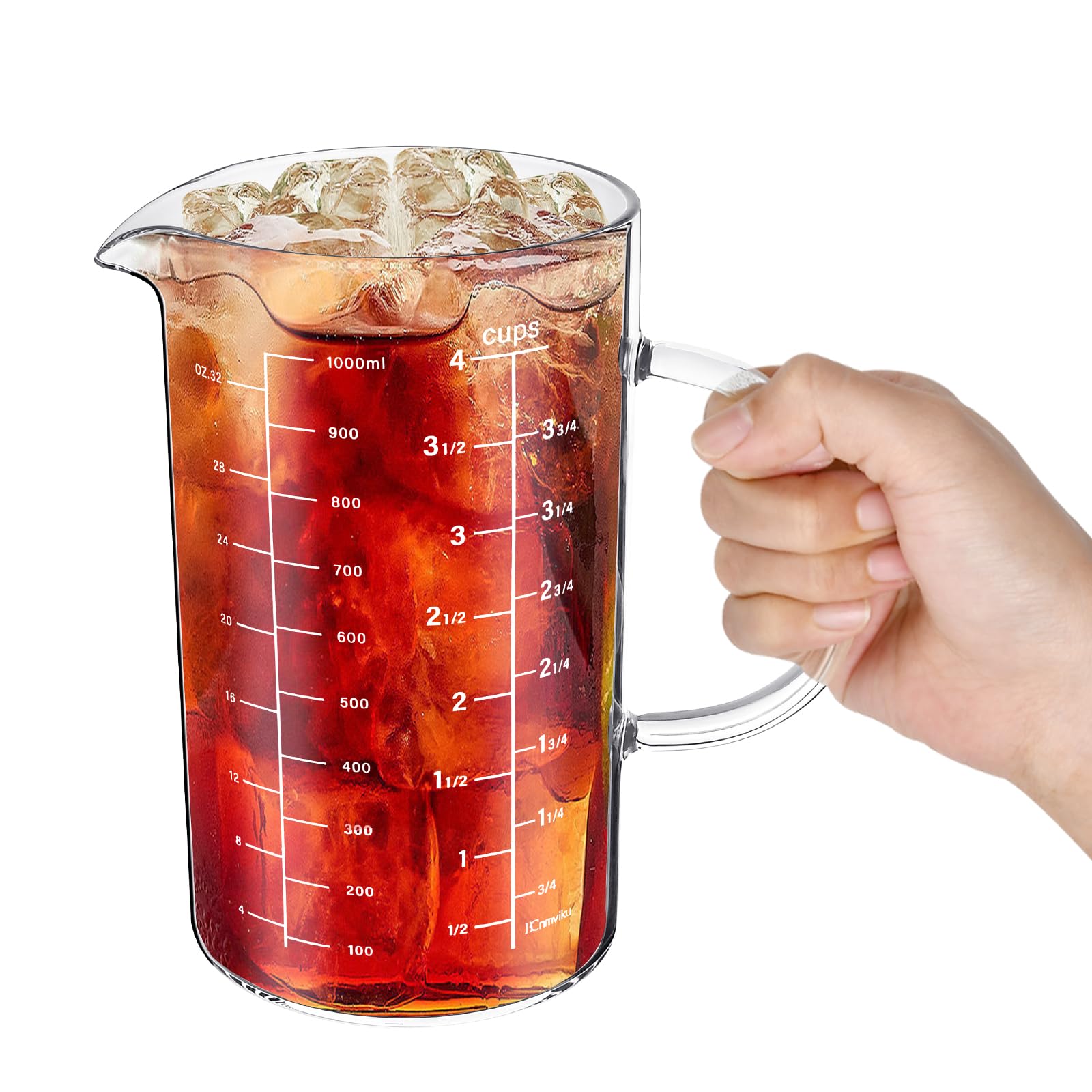 Taza medidora de vidrio, 1000 ml, 4 tazas, vaso medidor de vidrio de borosilicato alto con tapa de madera, mango aislado en forma de V, taza medidora para cocina, restaurante, fácil de leer