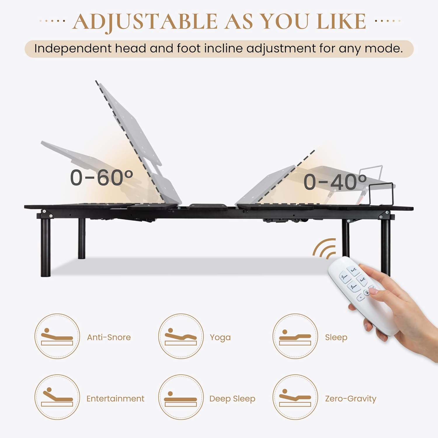 SHA CERLIN Electric Ergonomic Adjustable Bed Base Queen Size, Independent Head and Foot Incline, Wireless Remote Control with Quiet Motor