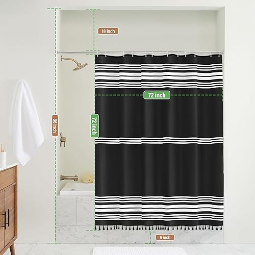 Miniatura 8 de Seasonwood Cortina de ducha beige y blanca con borlas, 72 x 72 pulgadas, cortinas de ducha neutras para baño, cortina de ducha moderna a rayas