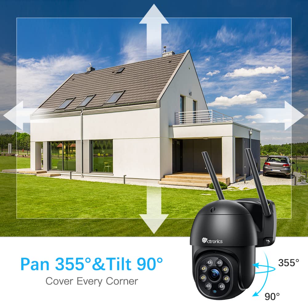 Ctronics PTZ Überwachungskamera Aussen WLAN, 2K Kabellose WiFi IP Kamera Outdoor mit Automatische Verfolgung, Personenerkennung, Nachtsicht in Farbe, 2-Wege Audio, IP66 Wasserdicht (2 St) (schwarz)
