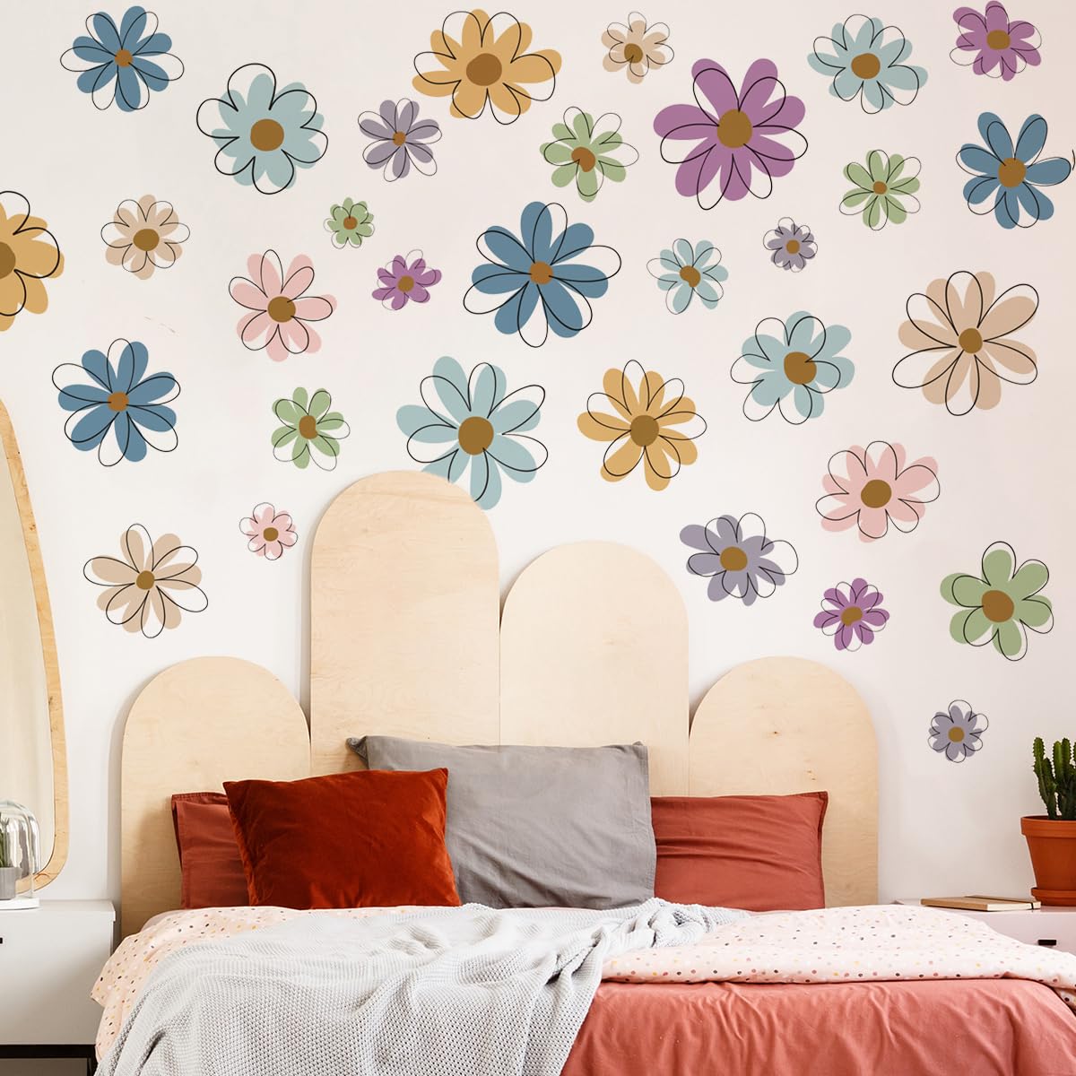 Runtoo Daisy Wall Decals Floral Boho Flower Wall Art Stickers for Girls Bedroom Nursery Kids Wall Decor, Boho Daisy - Image 2