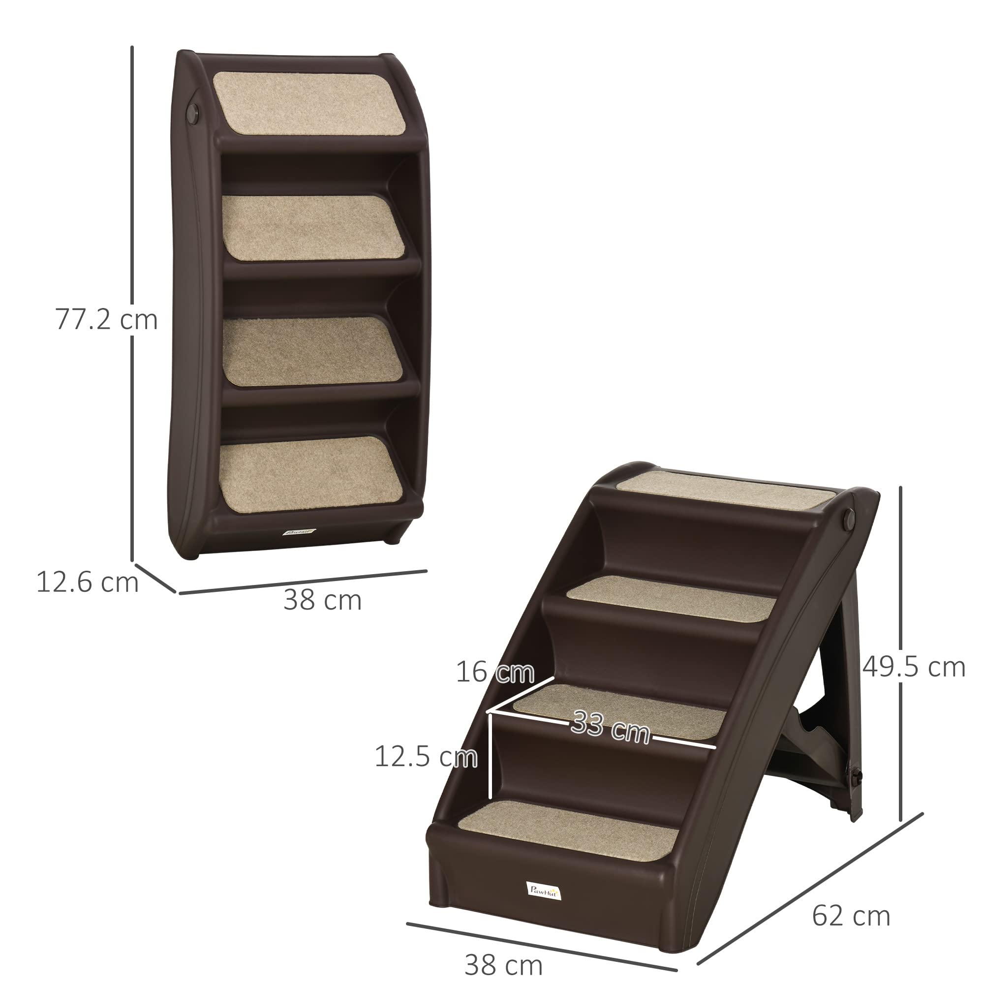 PawHut Scaletta per Cani Pieghevole con 4 Gradini Antiscivolo, Scala per Animali Domestici fino 10 kg in PP, 62x38x49.5cm, Marrone Scuro