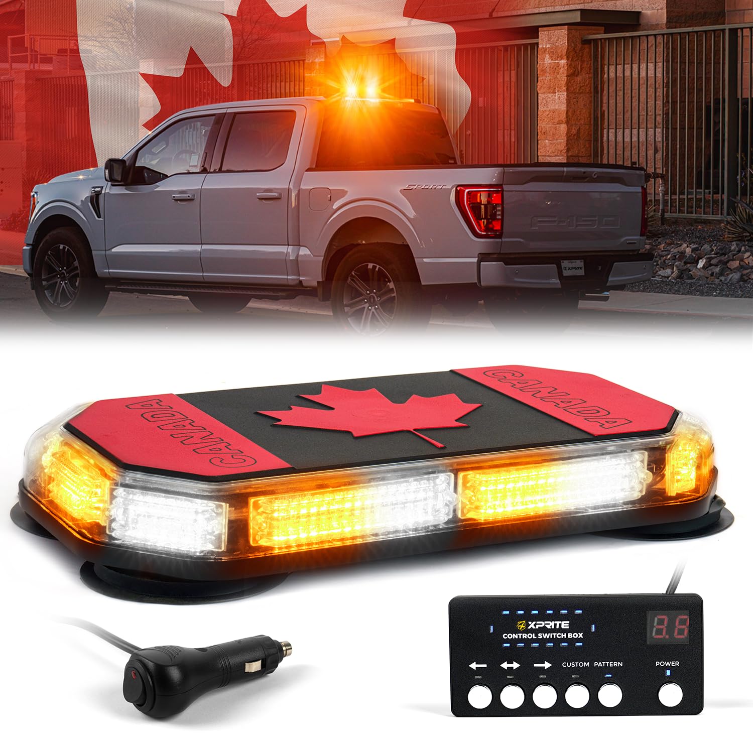 Xprite 126 LED Strobe Light Bar 14", 8 Magnetic Base, 38 Modes (Canada Flag Pattern), IP67 Waterproof, 10-30V Emergency Flashing Beacon for Trucks Construction Vehicles, 23ft Cable (Amber White)