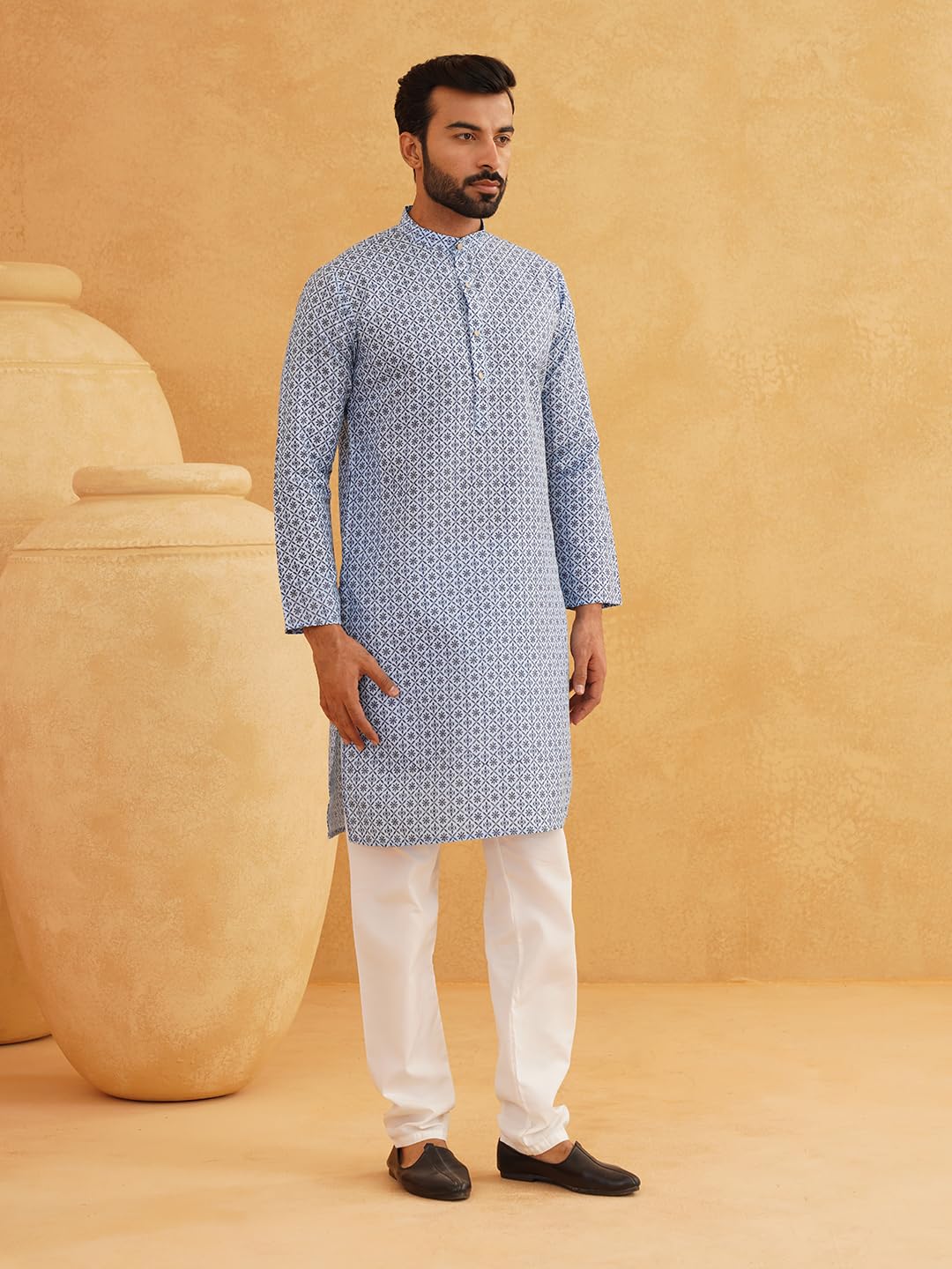 Sojanya (Since 1958 Men's Cotton Linen Blue Foil Printed Kurta And White Pyjama Set