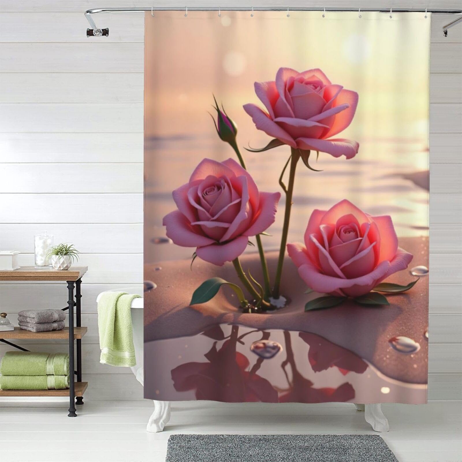 Rideau de douche en tissu épais lavable motif plage rose 152x183 cm