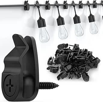Outdoor String Lights Clips, Weatherproof Cable Hanger Hooks for Hanging Fairy Lights, Holiday Decor - Black, 50 Pack