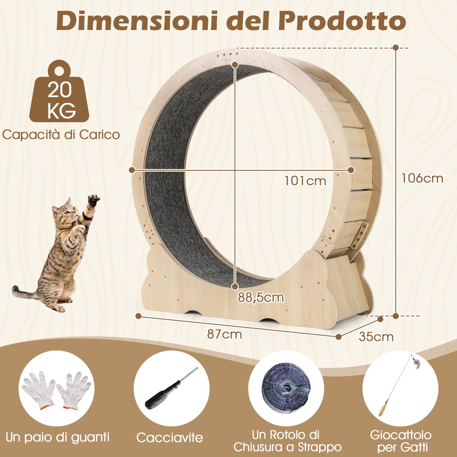COSTWAY Ruota per Esercizio per Gatti da Interno 101 cm, Tapis Roulant per Gatti con Meccanismo di Blocco, Corsa con Moquette Rimovibile, Ruota di Allenamento in Legno a Rumore Ultra Basso