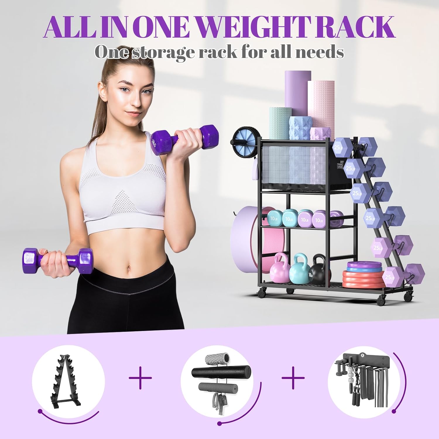 Mythinglogic Dumbbell Rack for Home Gym, Weight Rack for Dumbbells,Yoga Mat Holder for Yoga Mat and Kettlebells, Multifunctional Home Gym Storage Rack with Casters