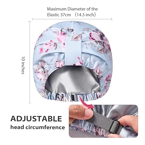 Miniatura 10 de INNELO Gorro de ducha de lujo para mujer, reutilizable, impermeable, doble capa con correa elástica ajustable, gorro de baño grande con forro de