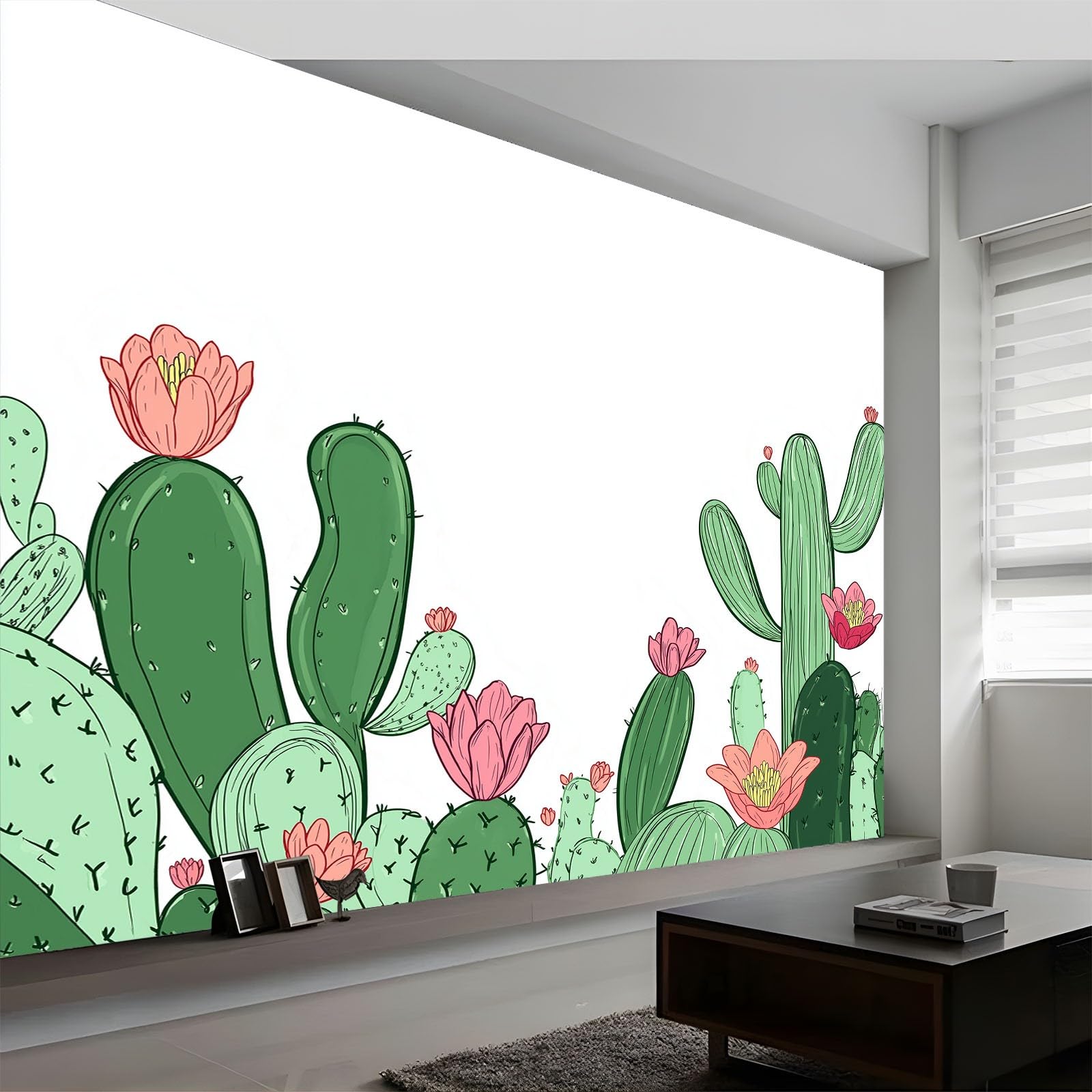 Panoramiczna tapeta botaniczna, 350 x 256 cm, ręcznie rysowana tapeta z kreskówki kaktus zielony kwiatowy XXL - plakat ścienny do salonu, sypialni dorosłych, pokoju dziecięcego i biura