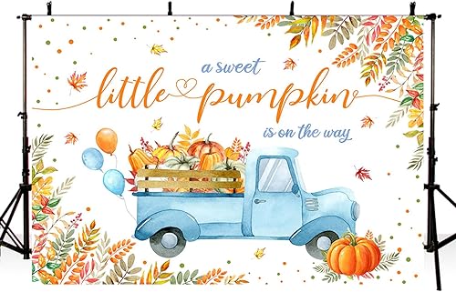 Miniatura 9 de MEHOFOND Telón de fondo de calabaza para baby shower de 7 x 5 pies, diseño de calabaza dulce está en camino, fondo azul para fotografía de hojas de