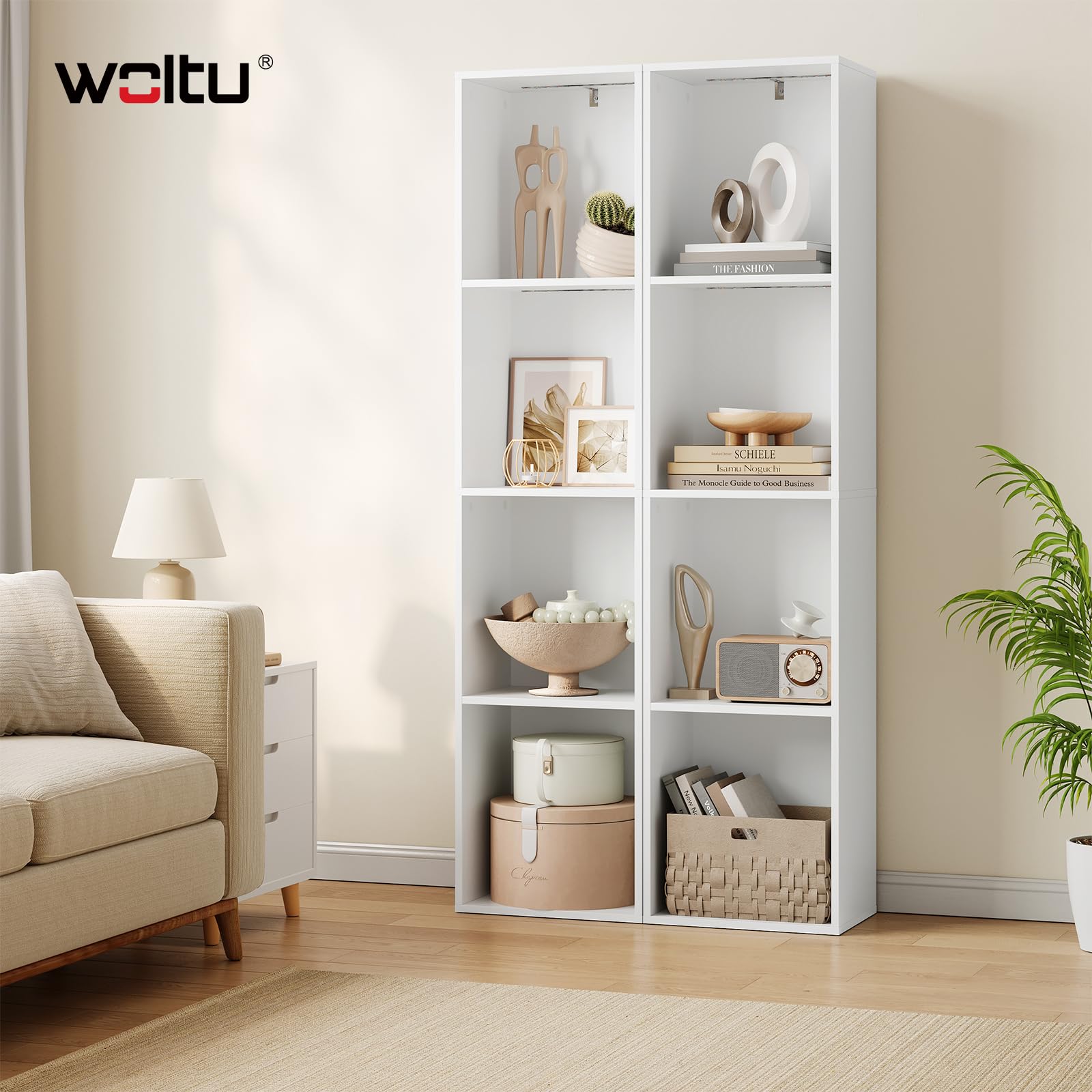 WOLTU Libreria Verticale con Luce LED e 4 Scomparti, Scaffale Libreria con Dispositivo Antiribaltamento, 40x29x170 cm, Stile Moderno, in Legno per Soggiorno, Camera da Letto e Studio, Bianco