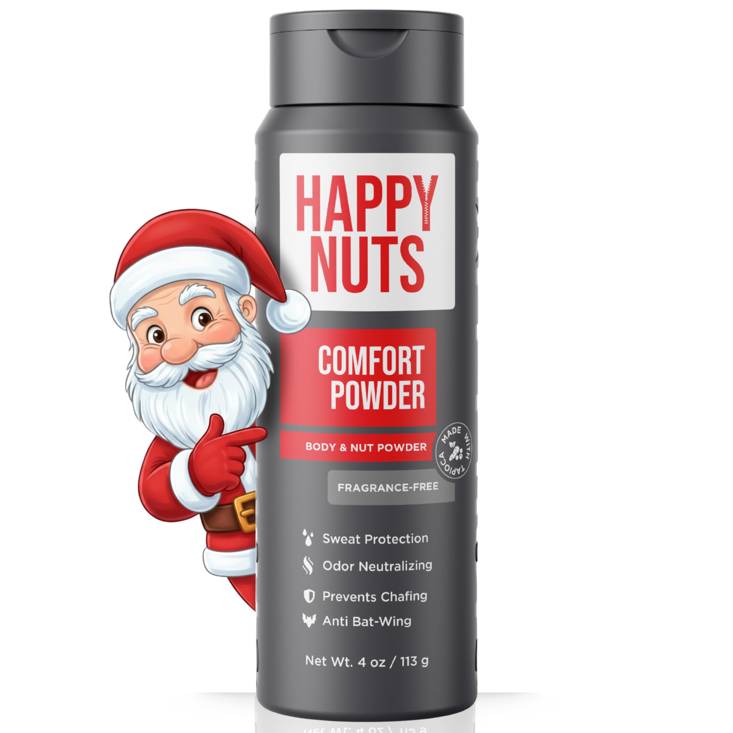 HAPPY NUTS Comfort Powder - Anti Chafing & Deodorant, Aluminum-Free, Sweat and Odor Control for Jock Itch, Groin and Men's Private Parts 4 Oz (Pack of 1), Fragrance-Free