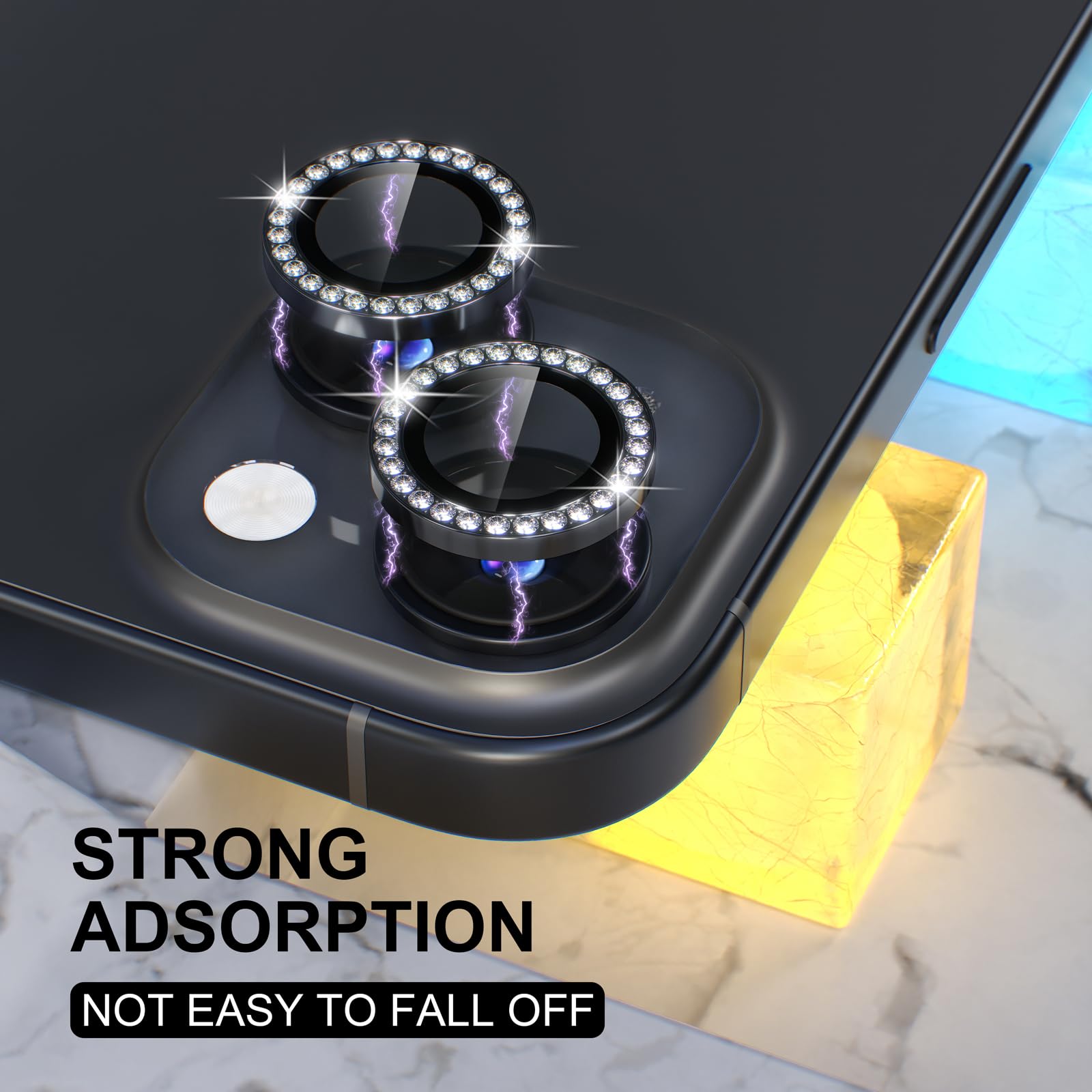 Choiche Protezione Obiettivo Fotocamera Per IPhone 15 Pro/Pro Max – Anello Metallico Con Strass E Vetro 9H, Oro Diamante
