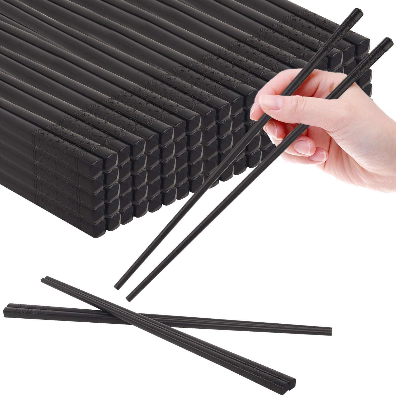 Fiberglass Chopsticks,50 Pair Reusable Chopsticks Non-Slip Chopsticks Dishwasher Safe Chopsticks,Black Cherry Blossom Chopsticks for Japanese & Chinese Style Cooking, Beginners Chopsticks,9.5