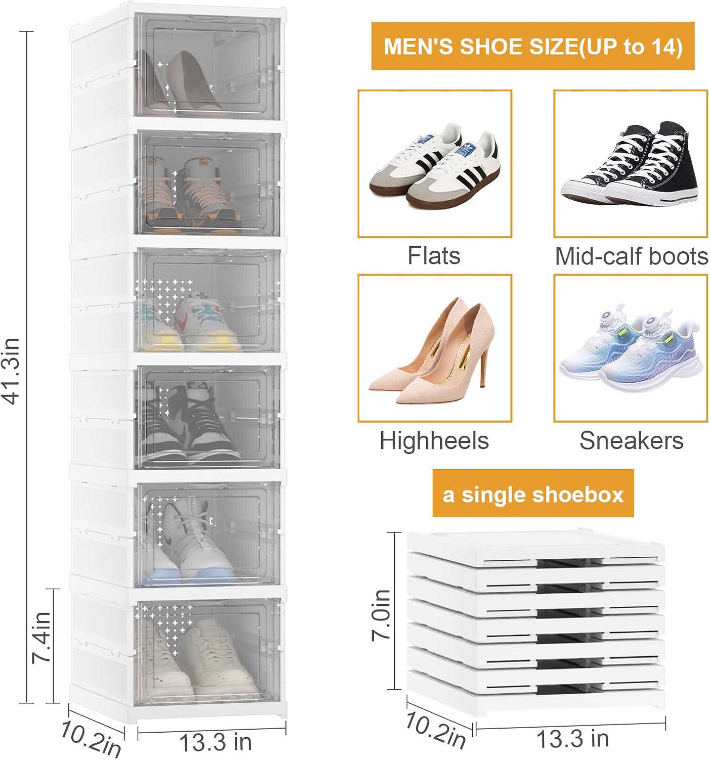 Foldable Shoe Storage Organizer, Stackable Boxes for Closet, Foldable Space-Saving Shoe Rack for Sneaker Boot Container, Acrylic Shoe Cabinet Shoe Box（6 Pack,White