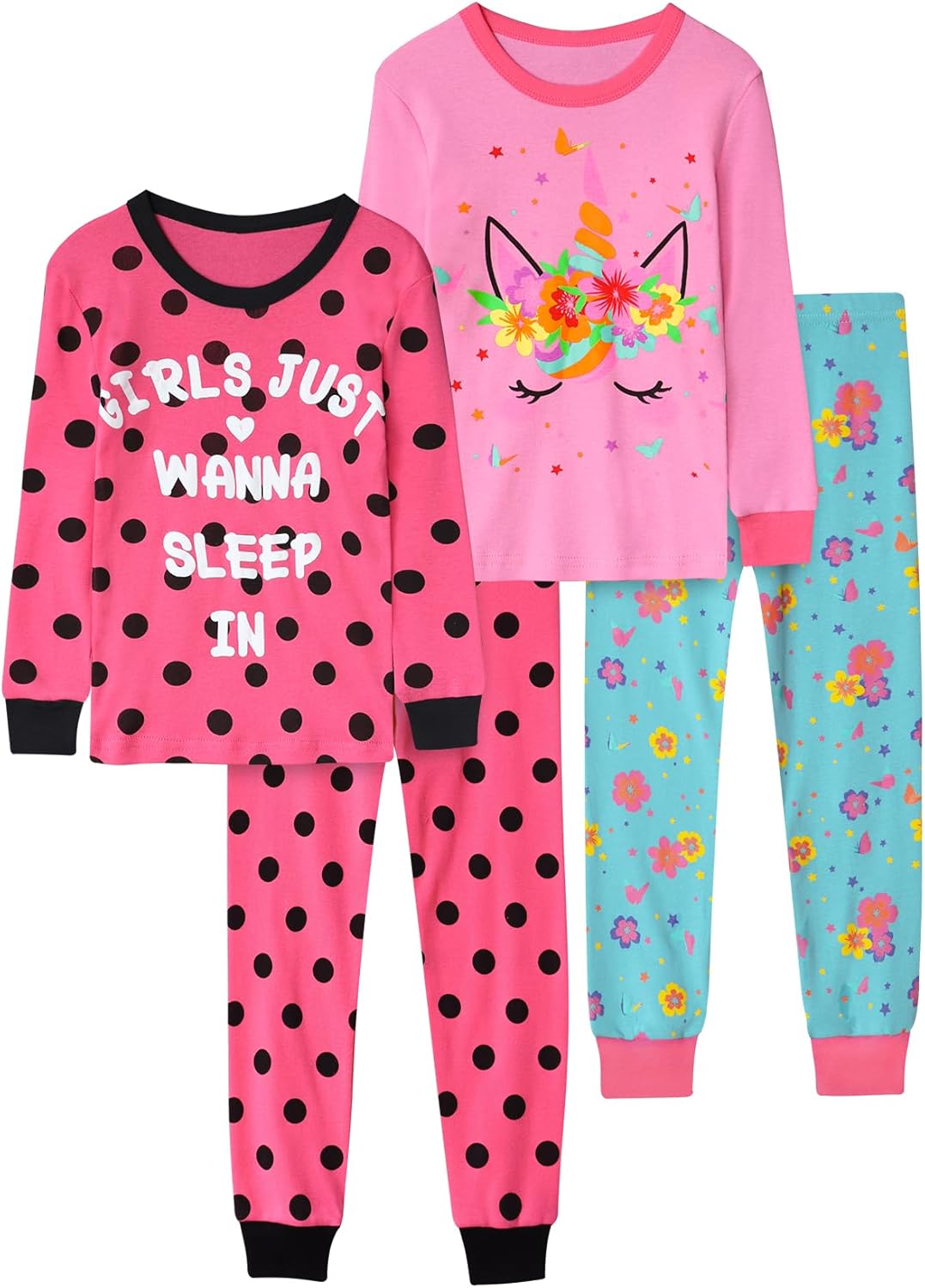 Girls 4-Piece Pajamas Cotton Christmas Pjs Set Kids Sleepwear