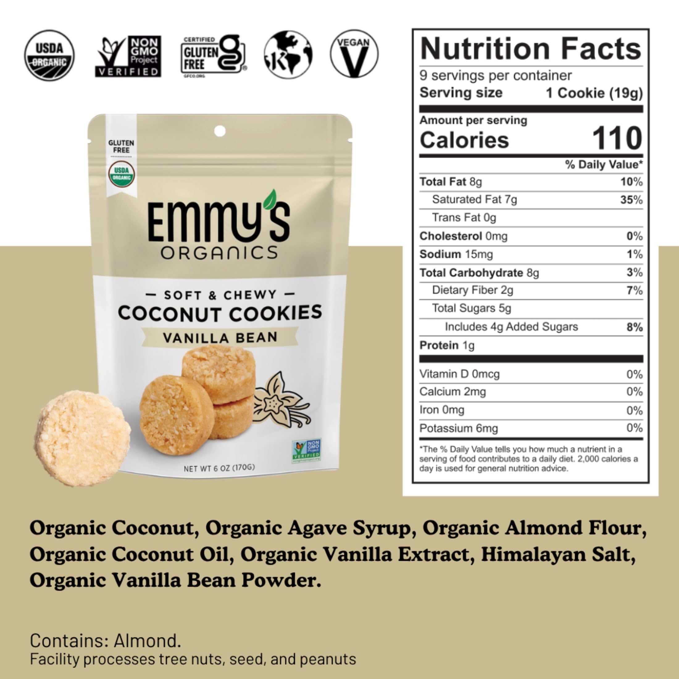 Emmy's Organics Vanilla Bean Coconut Cookies (Pack of 2) | Gluten-Free, Organic, Vegan, Paleo-Friendly thumbnail 4