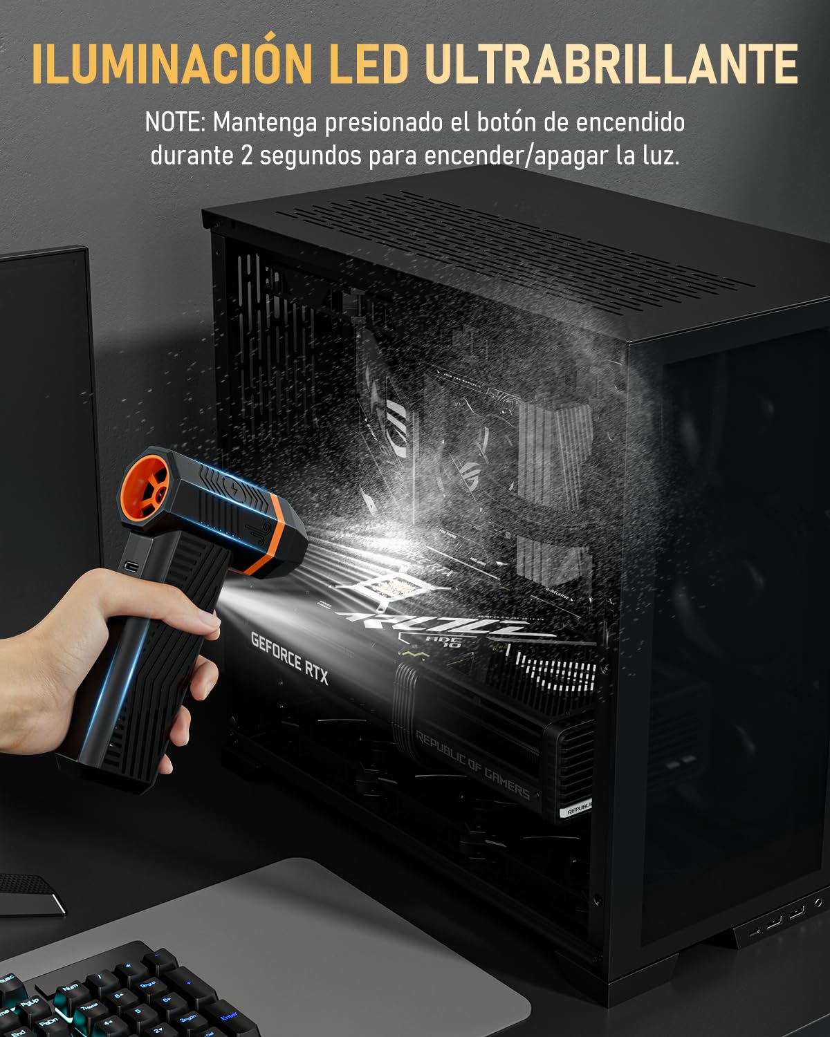 GLAM Soplador de Aire Potente con luz LED, 150000RPM 4 Velocidades Air Duster Soplador de Aire Eléctrico con Pantalla LED, para Teclado, Ordenador, Electrónica y Coche