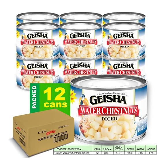 GEISHA Water Chestnuts Diced 8OZ. (Pack of 12), Water Chestnuts | Kosher Certified - No Salt & Sugar added - Gluten Free-Less than 100 Calories per Container