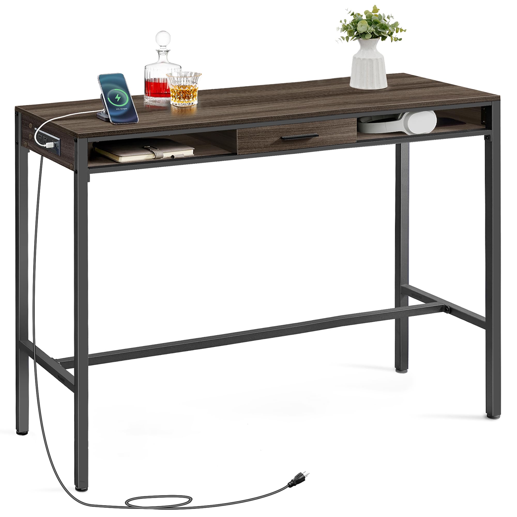 VASAGLE Bar Table with Power Outlets, 47.2 Inches Long Bar Height Pub Table, Rectangular High Top, with Movable Drawer, 2 Hooks, Narrow Storage for