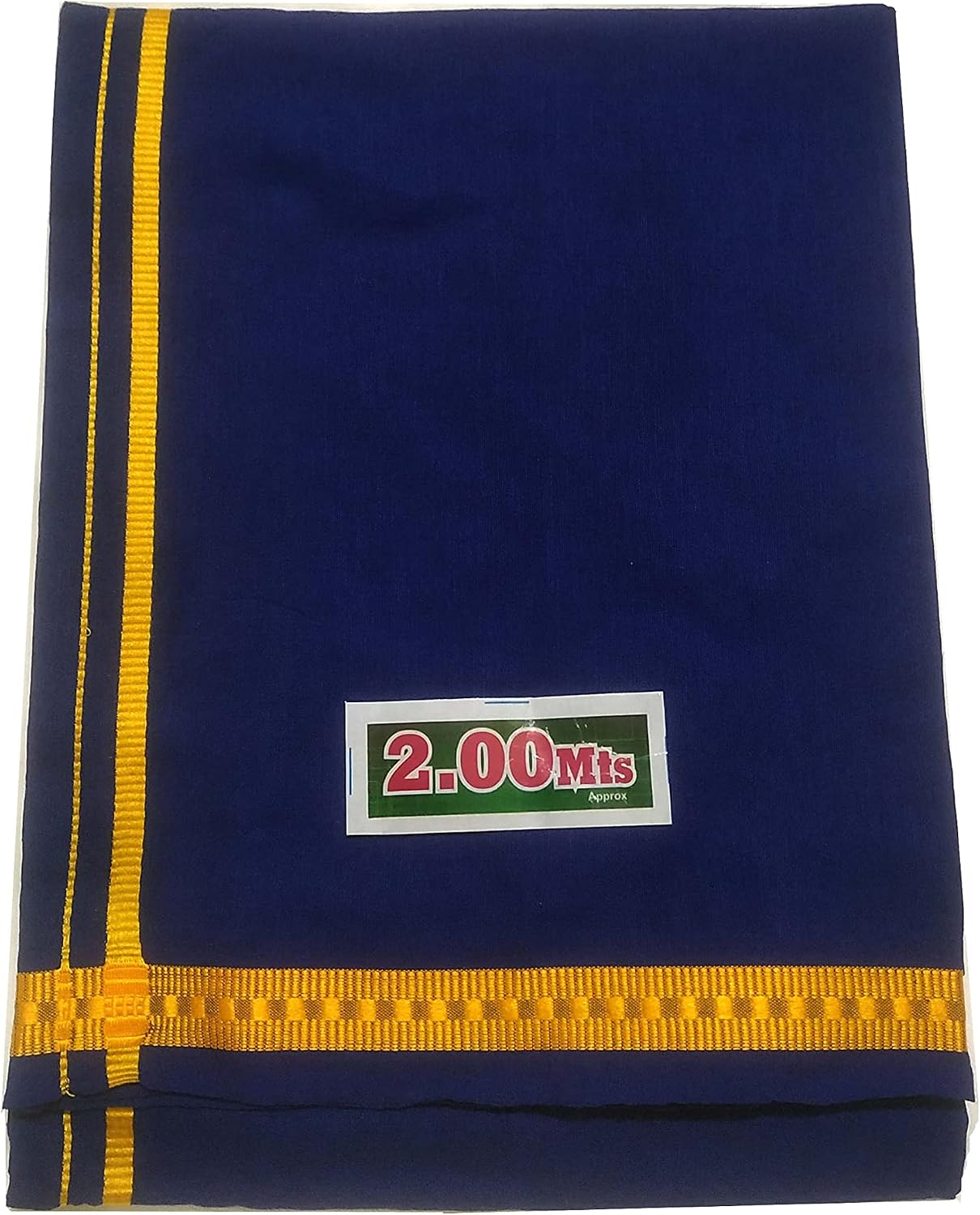 Kolakeer™ Men's Cotton Pentex Dhoti - Kerala Style Single Mundu with Golden Resham Border - 4 Mulam/1.9 Mtrs (Blue)