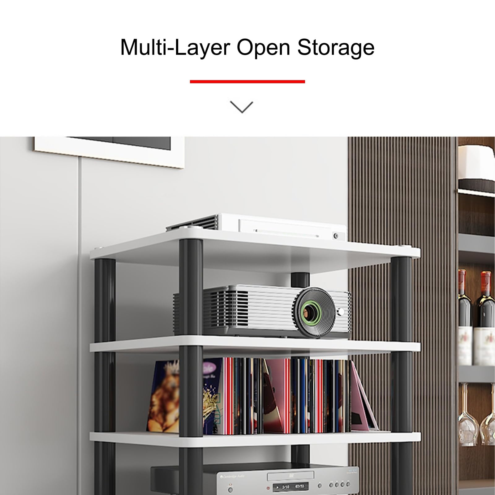 Support multimédia AV à 4 niveaux et rack réseau à cadre ouvert pour matériel audio/vidéo pour équipement informatique et audio/audio/petit centre de divertissement finition rouge 5 cm de hauteur