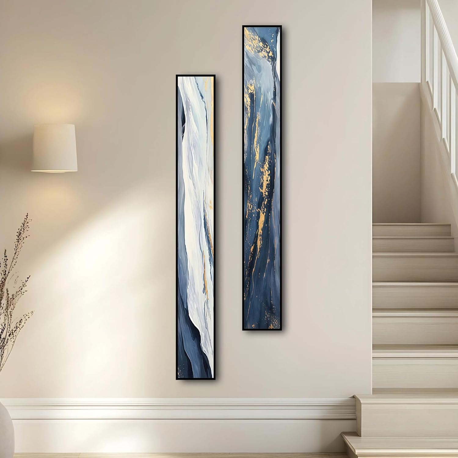 Large Framed Long Narrow Vertical Abstract Wall Art Set of 2, Premium Crystal Porcelain Canvas Prints, Navy Blue Gold Modern Design - Perfect for Entryway, Hallway, Living Room, Bedroom - 63x10 inch