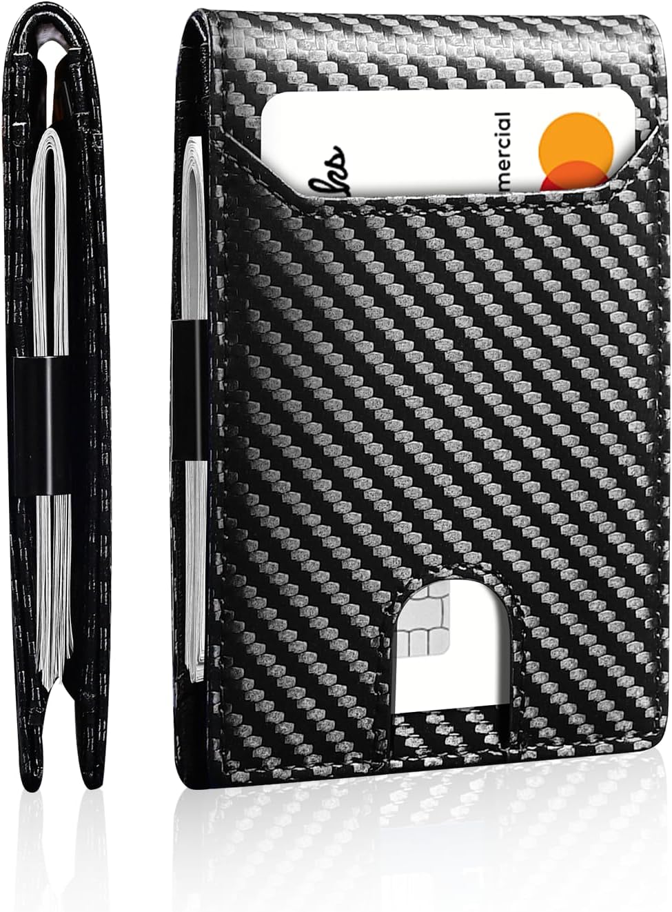 Slim Wallets for Men Leather Money Clip RFID Blocking Front Pocket Bifold Wallet Thin Credit Card Holder With (Carbon Black&Black)